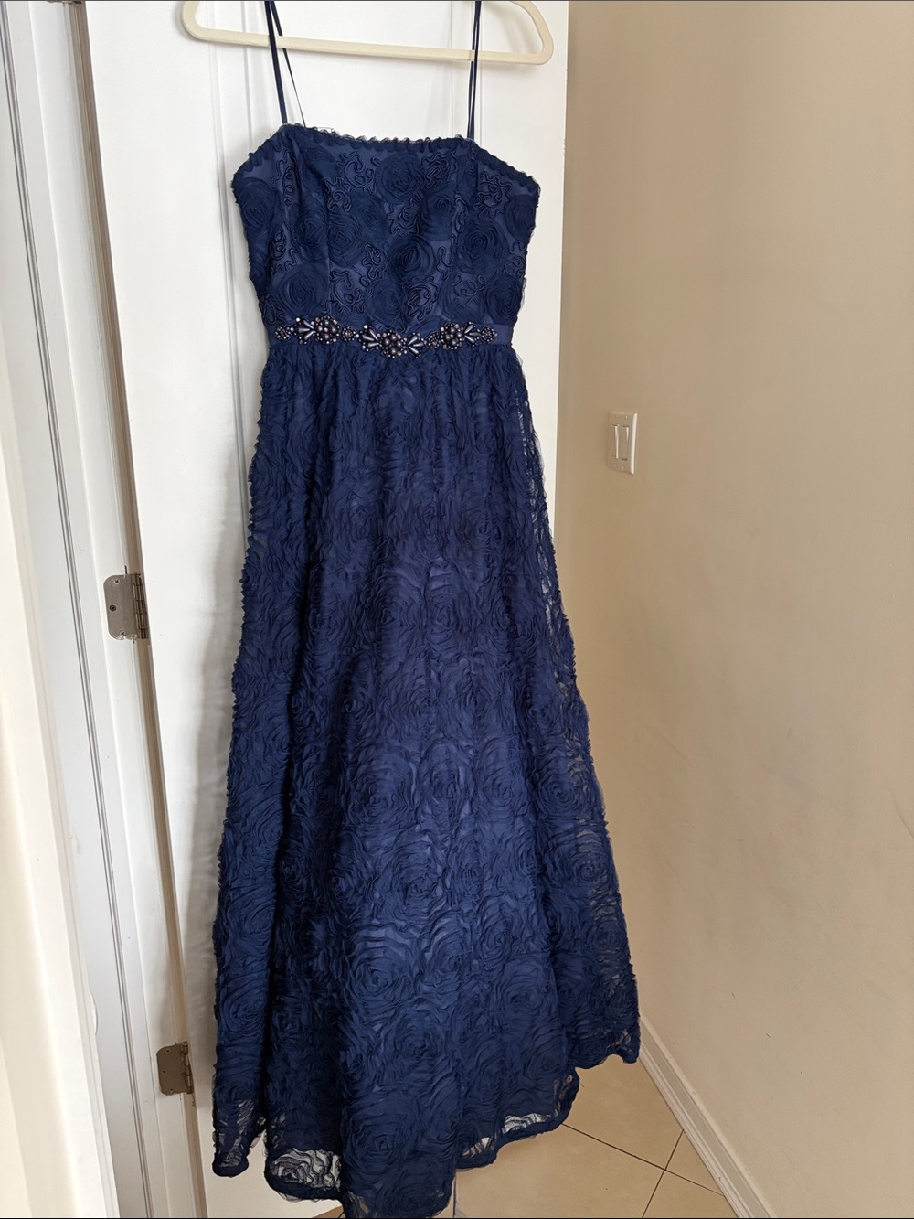 Navy Floral Lace Spaghetti-Strap WOMENS ADRIANNA PAPELL Dress with Beaded Waist